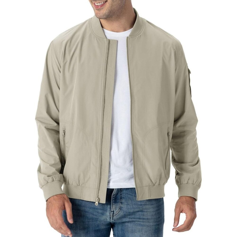Men's Bomber Jacket 01 Light Khaki Causal Stylish Fashion Front Zippered Pockets